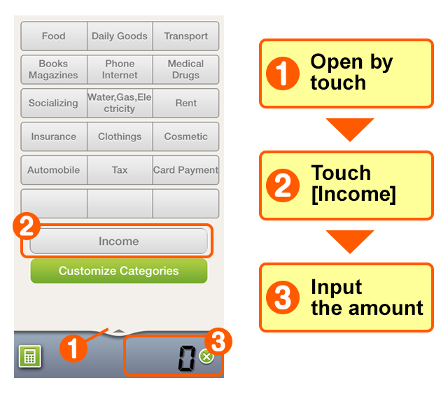 1 Open by touch 2 Touch [Income] 3 Input the amount