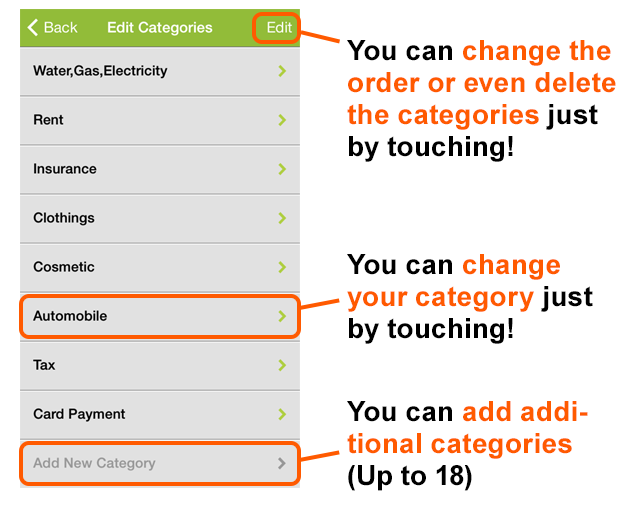 You can change the order or even delete the categories just by touching! You can change your category just by touching! You can add additional categories (Up to 18)