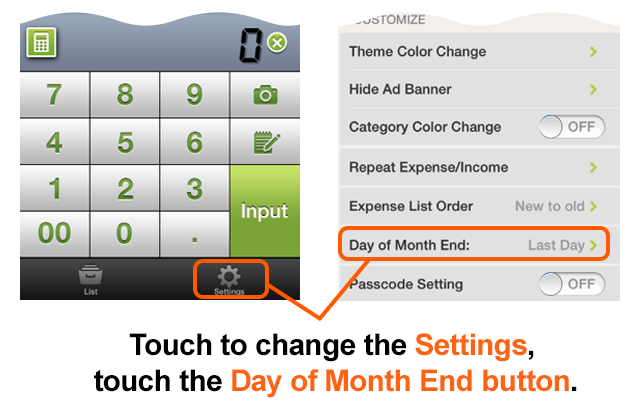 Touch to change the Settings, touch the Day of Month End button.