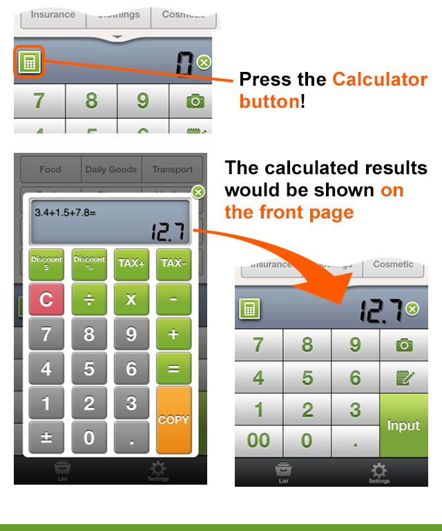 Press the Calculator button! The calculated results would be shown on the front page